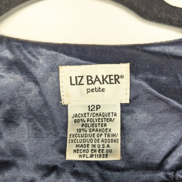 Liz Baker Petite Navy Velvet Brocade Swirl Jacket Blazer 12P - Picture 3 of 10